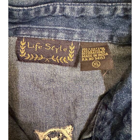 Vtg Life Styles Embroidered Denim Cat Vest Button Up Size XL Women's - Picture 3 of 4